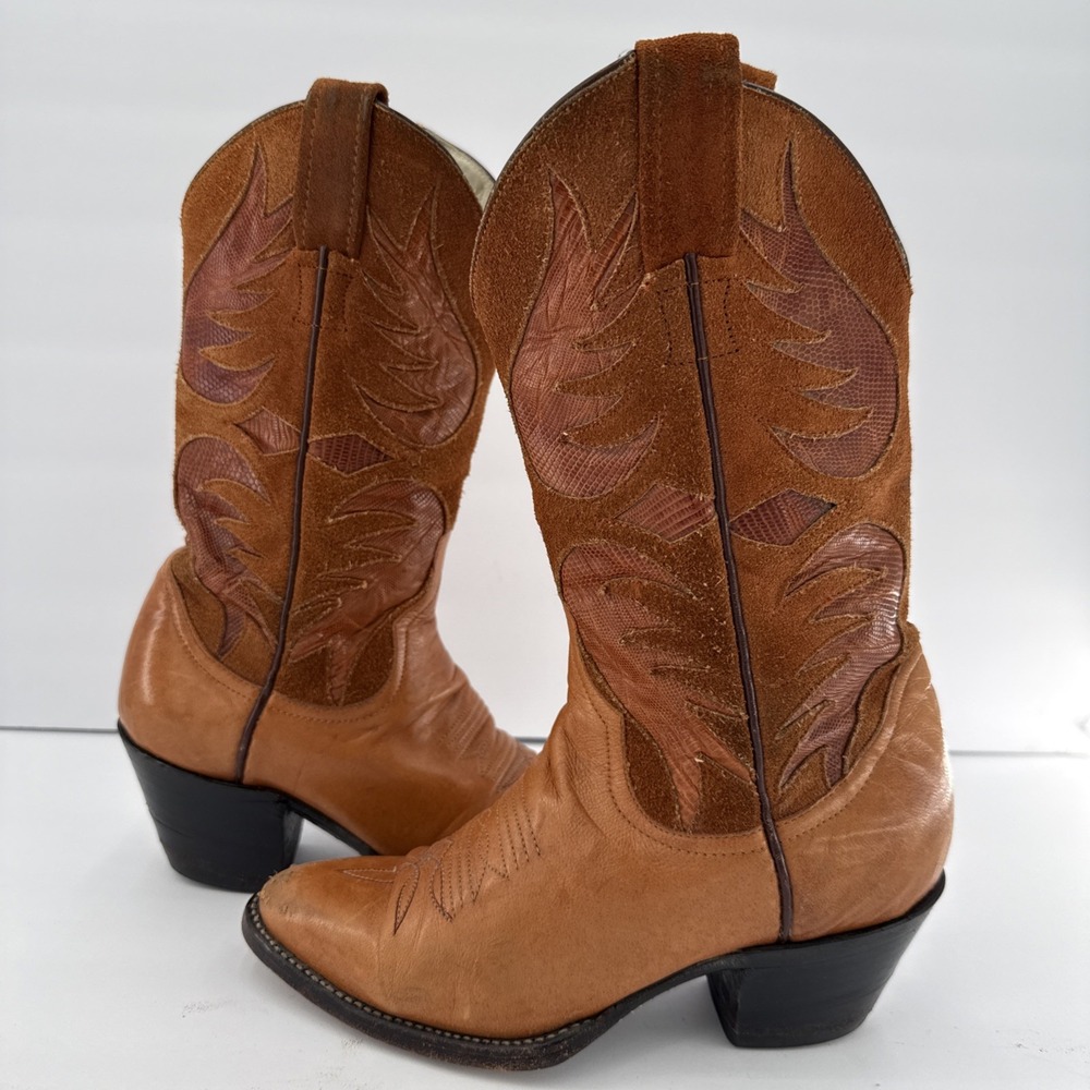 Vintage 70s-80s Larry Mahan Youth Cowboy Boots. Size 4.5 C Brown Leather Western